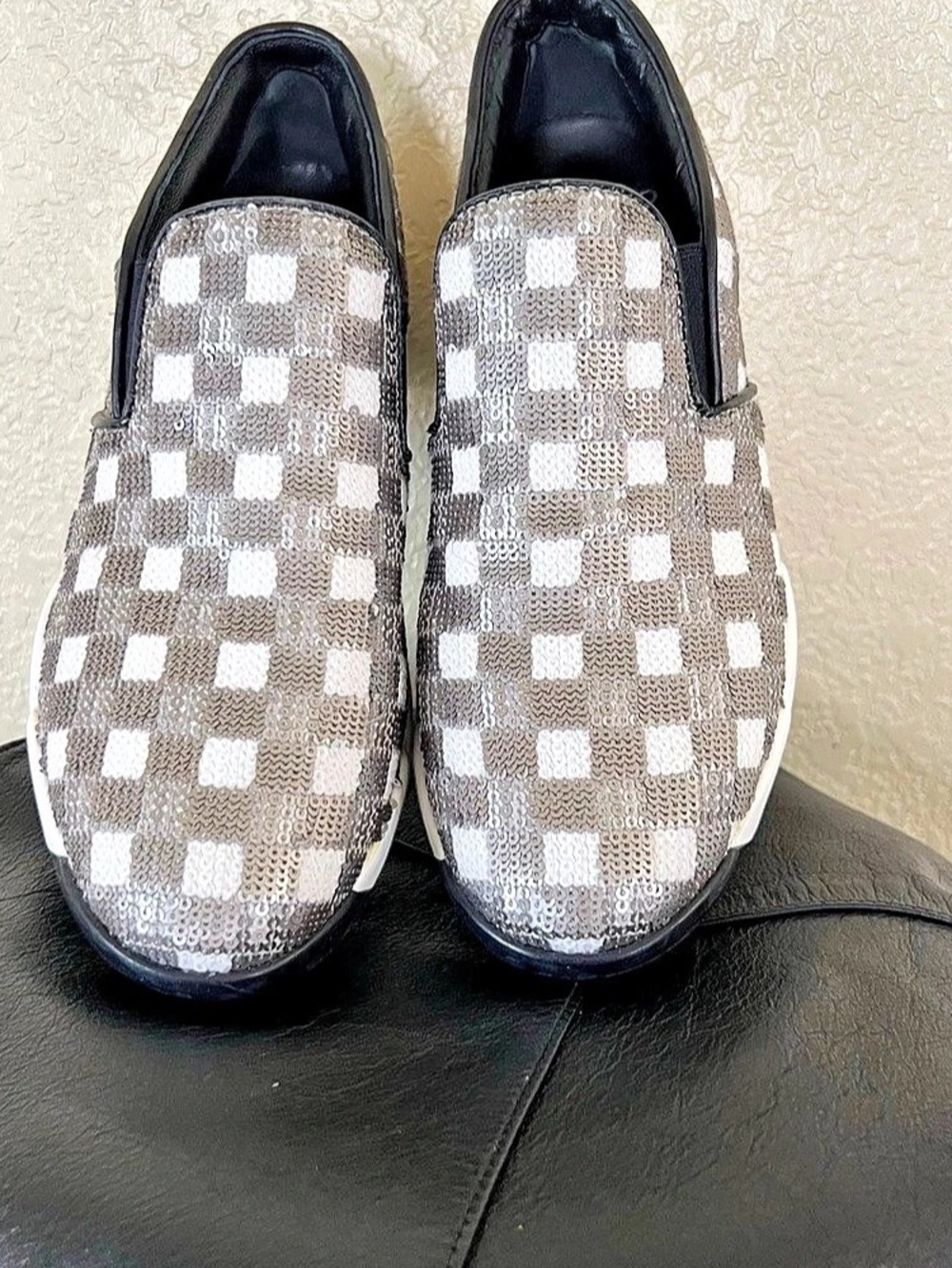 Pinko Checkered Sequin Sneakers in Gray & White EU 38